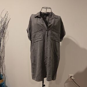 Washed Gray Short-Sleeve Midi Shirt Dress
